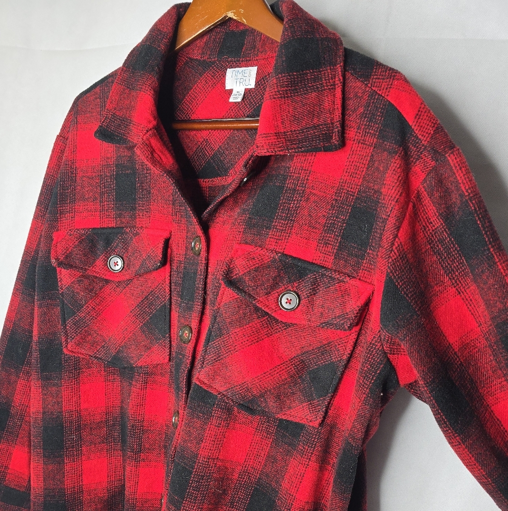 Time and Tru Buffalo Plaid Flannel Shacket Red Black Button Shirt Jacket XL